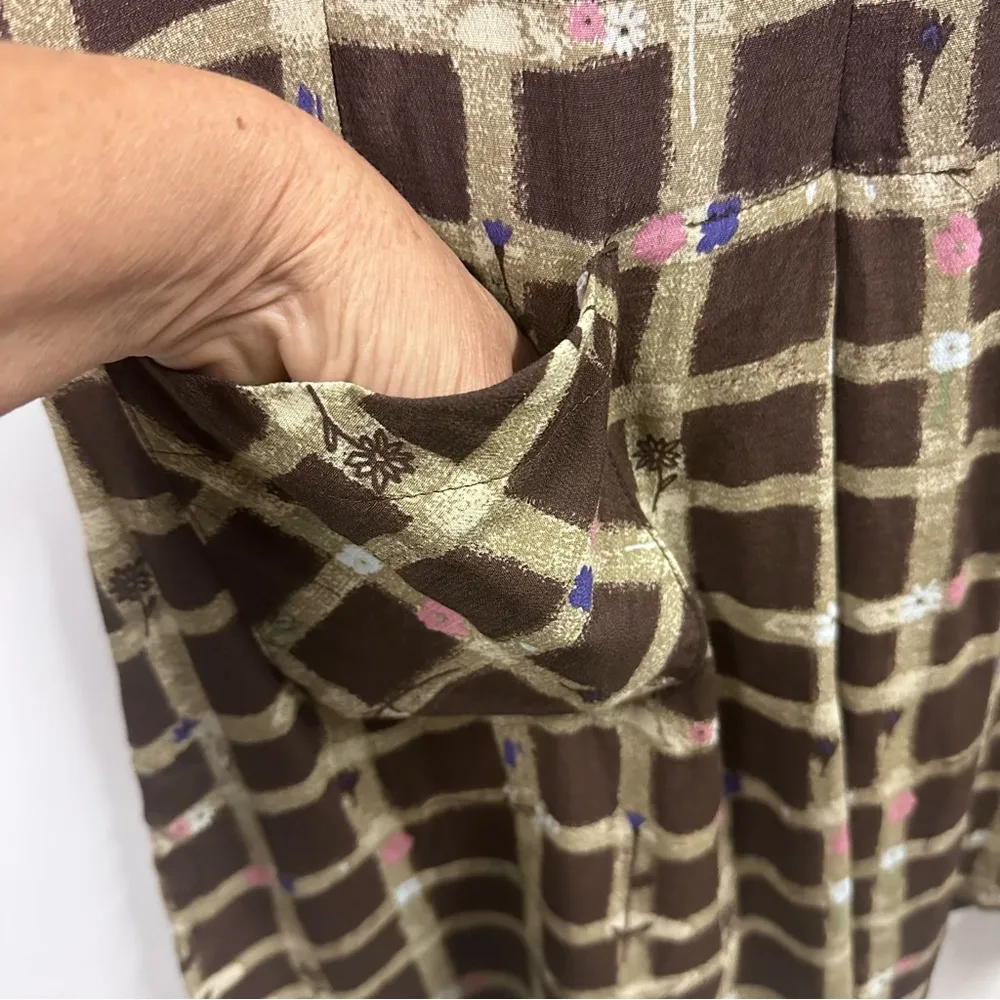 Esprit Vintage Brown Check Floral Short Sleeve Rayon Zip Side Shirt Mini Dress S - Image 7