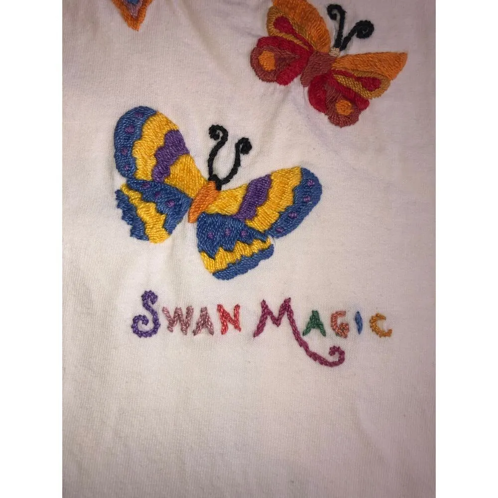 Swan Magic Embroidered Butterflies Shirt Tee 1994 Size S Vintage Cotton White - Image 3