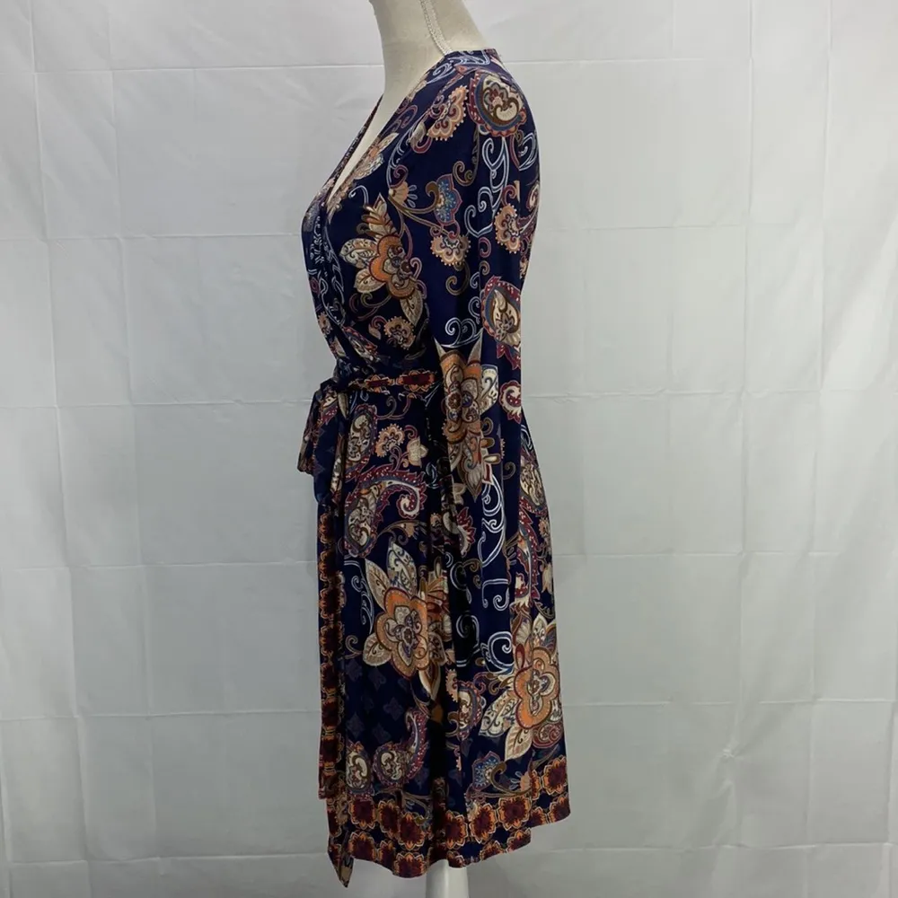 Venus Long Sleeve Paisley Navy Blue Faux Wrap Midi Dress Size Small - Image 5