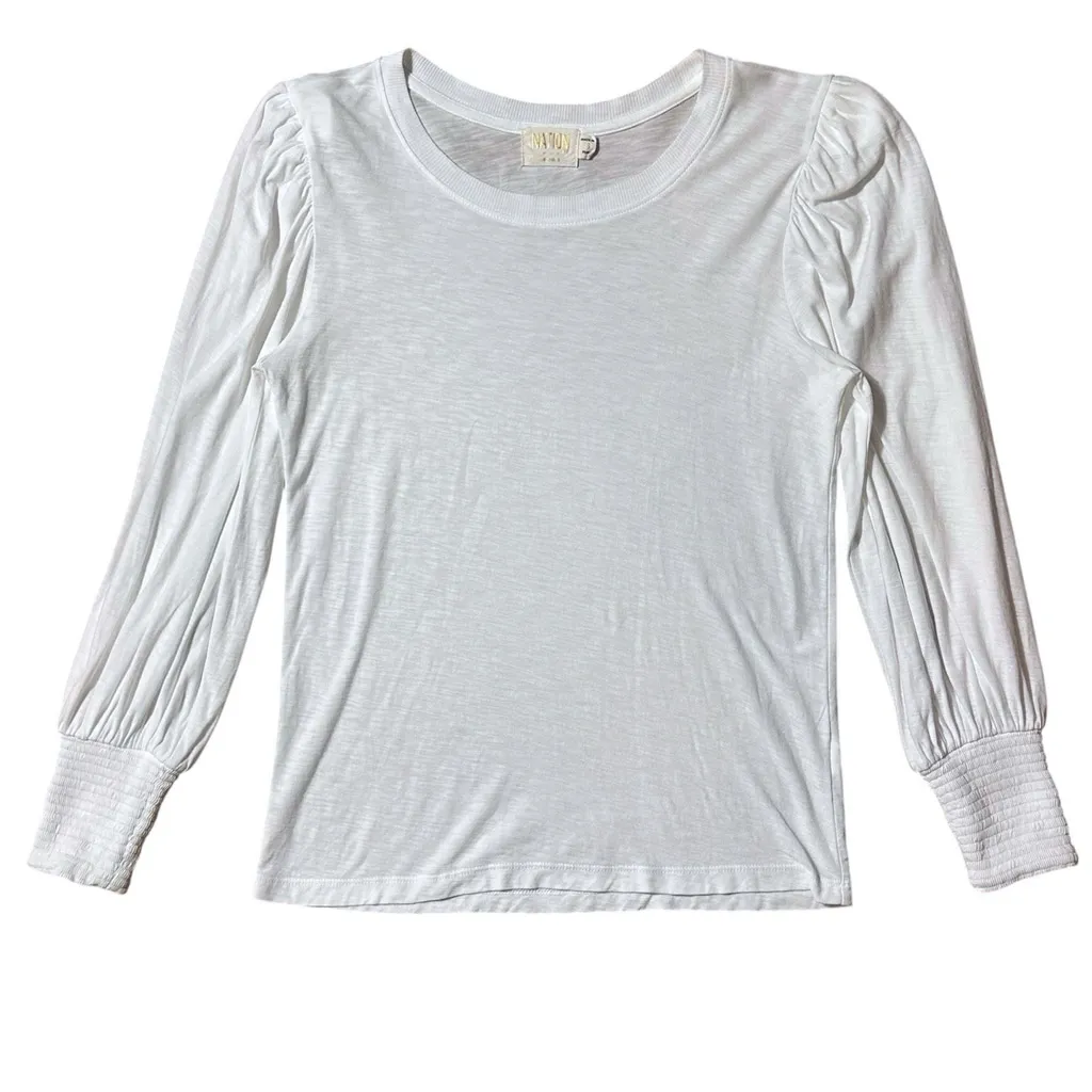 Nation Loren Slub Knit Peasant Puff Sleeve Top Small White Smocked Boho Pima - Image 4