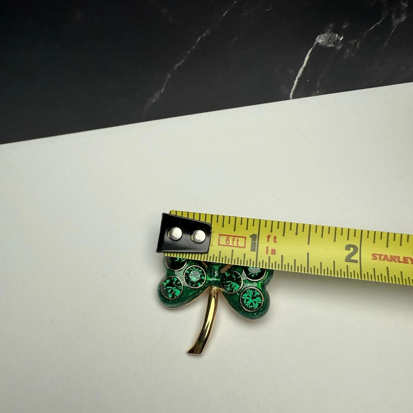 Green Rhinestone Three Leaf Clover Shamrock Brooch Pin Gold Tone St Patrick’s - Image 3