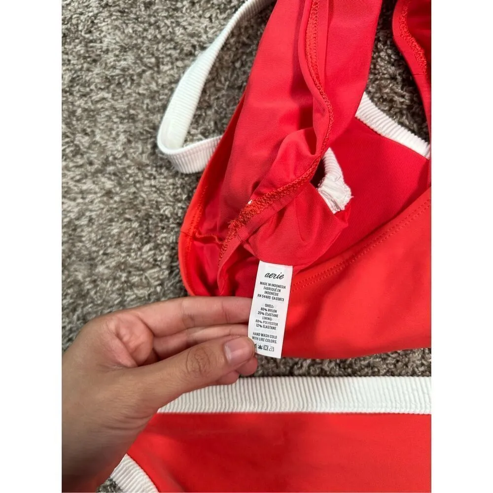 aerie bikini swim set red white ribbed scoop neck longline matching set L - Image 12