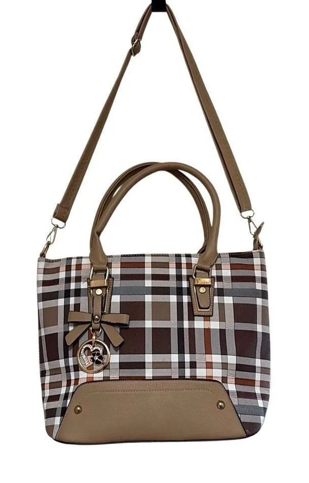 Kate Hill Brown Plaid Crossbody Shoulder Convertible Adjustable Handbag Purse - Image 1