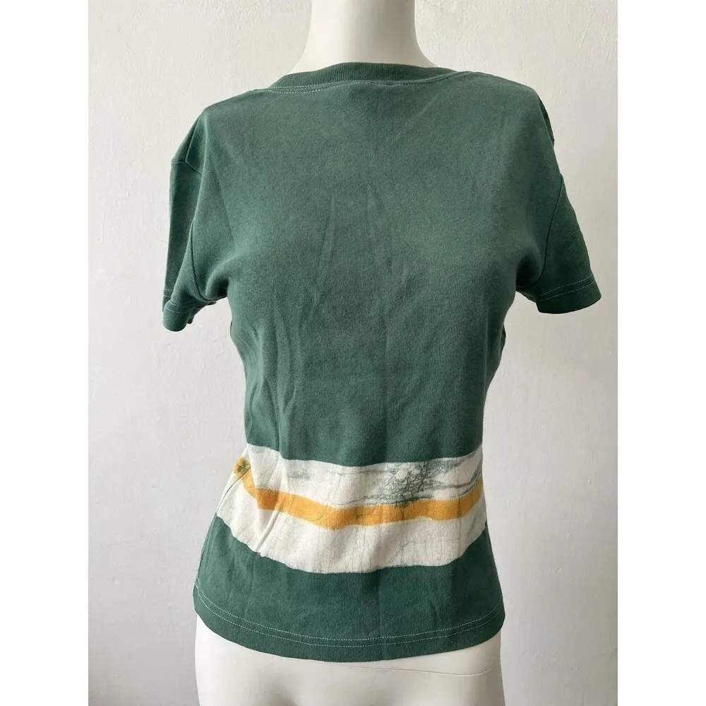 Ellemenno 90s Green Stripe Acid Wash V neck Cotton Top Tee made in USA Large - Image 3