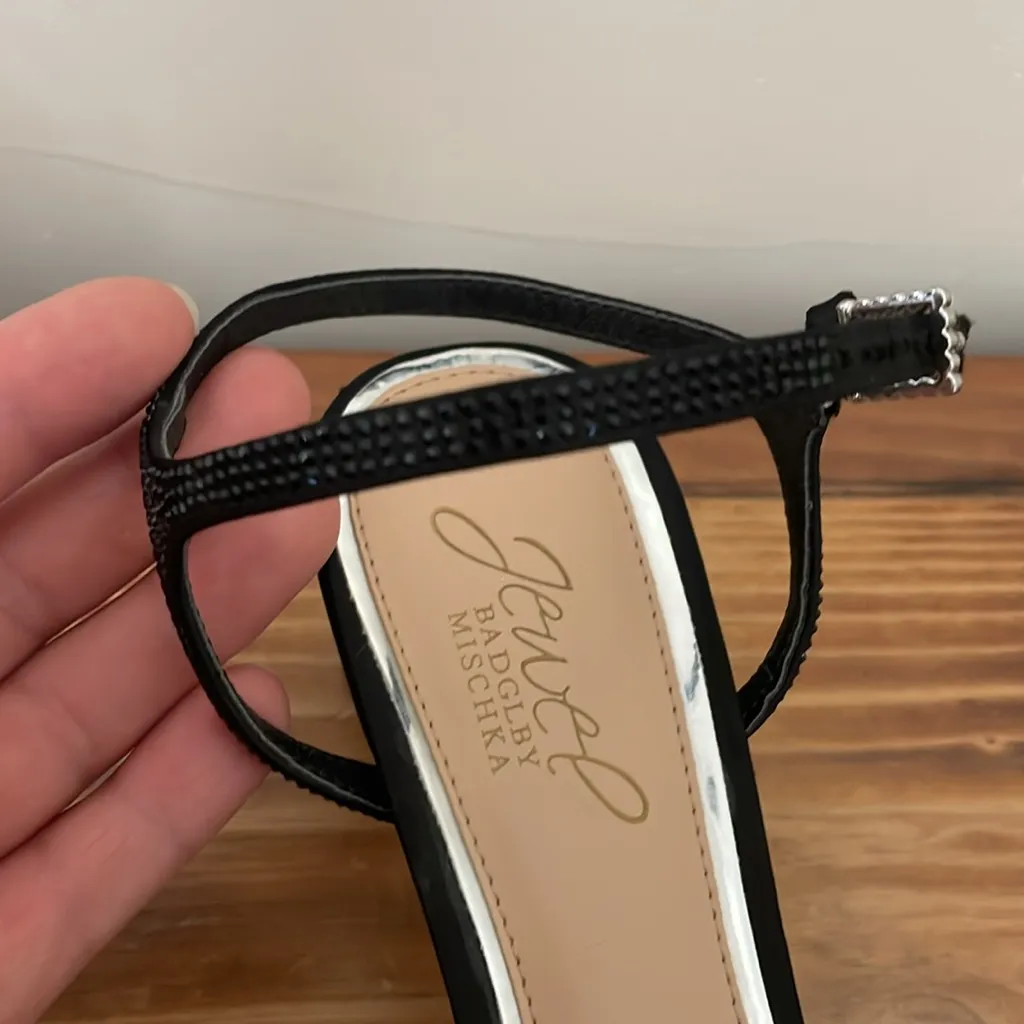 Jewel Badgley Mischka Omari Il Evening Sandals Black Satin & Rhinestones Size 7 - Image 9