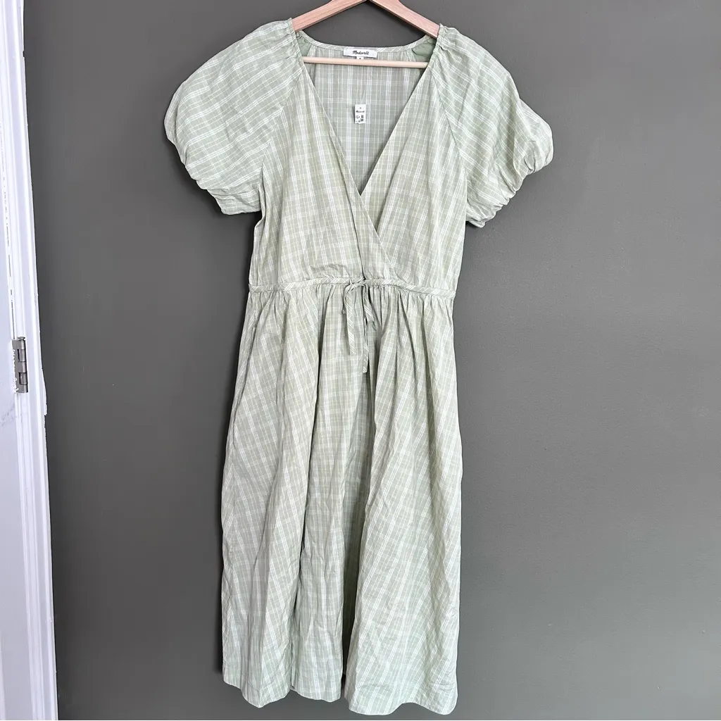 Nwt madewell plaid tie waist midi dress green size medium - Image 9