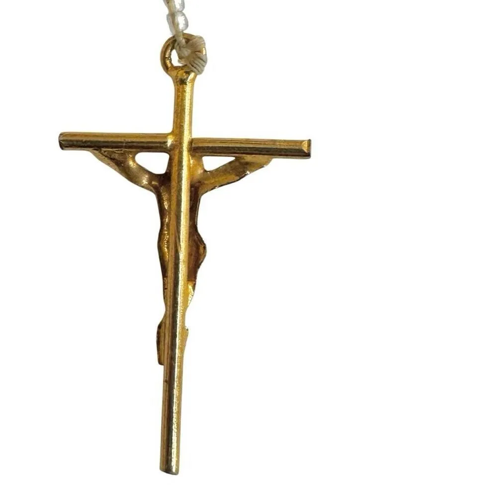 Pink glass rosary with gold tone cross - Image 5