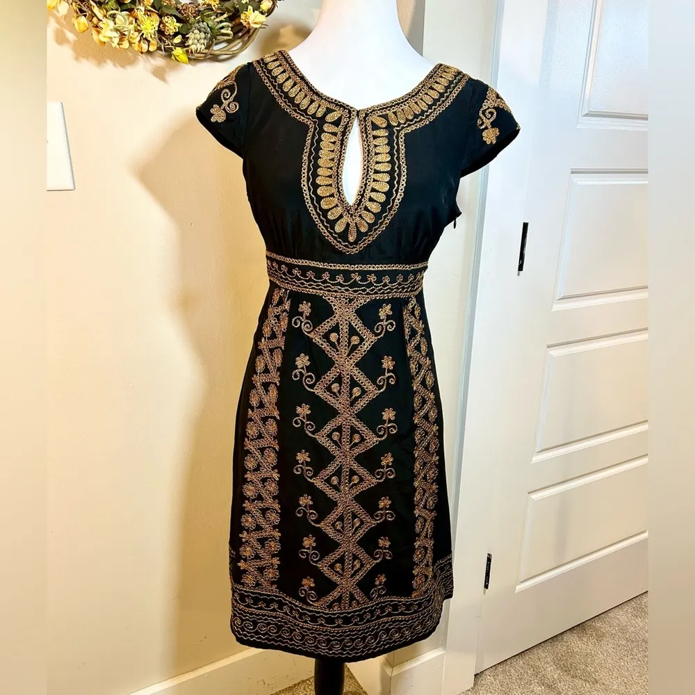 NANETTE LEPORE Silk Gold Metallic Embroidered Key Hole Neck Occasion Dress Sz 6 - Image 11