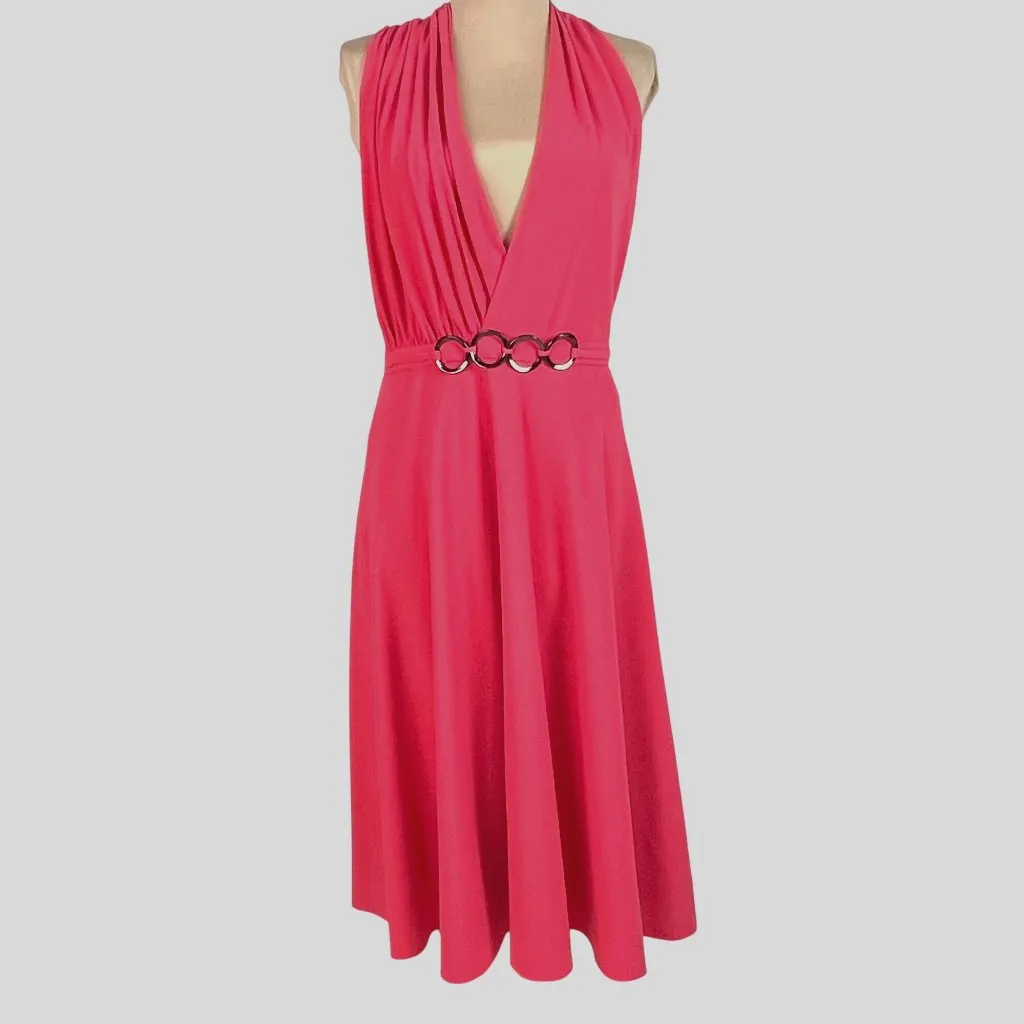 Halston Heritage Coral Crepe Halter Cocktail Dress 6 Gunmetal Gray Ring Belt New - Image 3