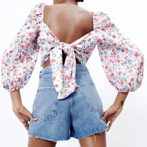 NEW ZARA LINEN BLEND FLORAL PRINT CROP‎ TOP SIZE M RUCHED V NECK BALLOON … - Image 6