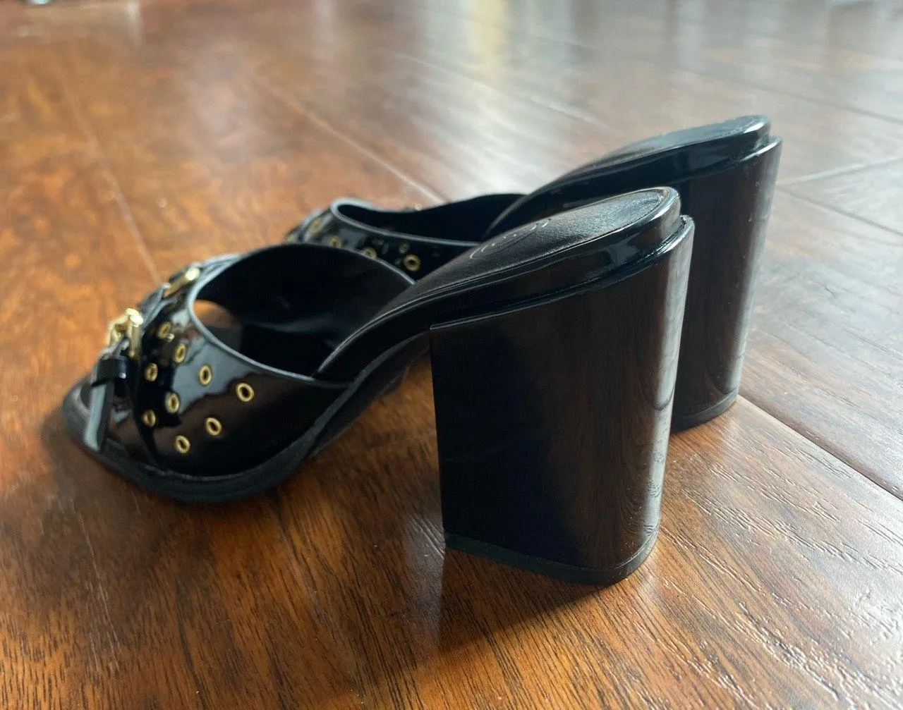 black and gold block heel mules - Image 6