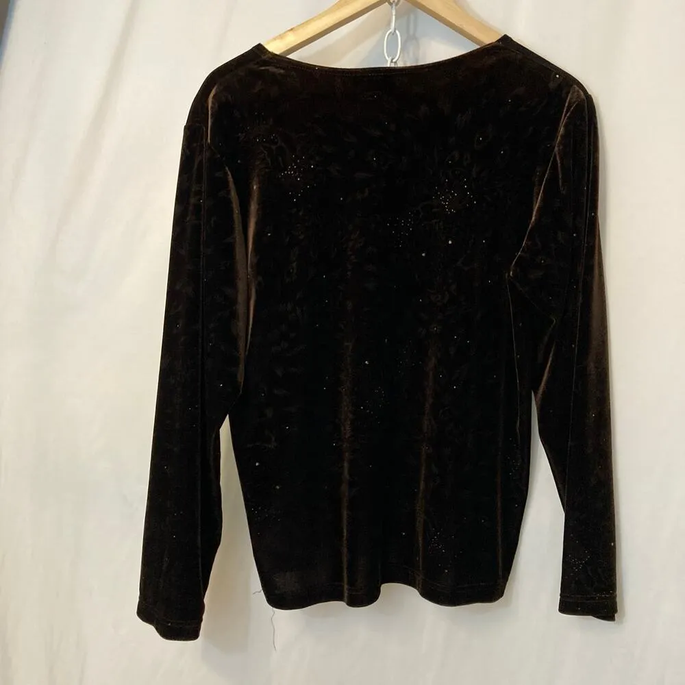 Vintage Madrid Spain Kuem Ha Brown Velvet Bedazzle Leopard Long Sleeve Shirt Top Size 12 - Image 7