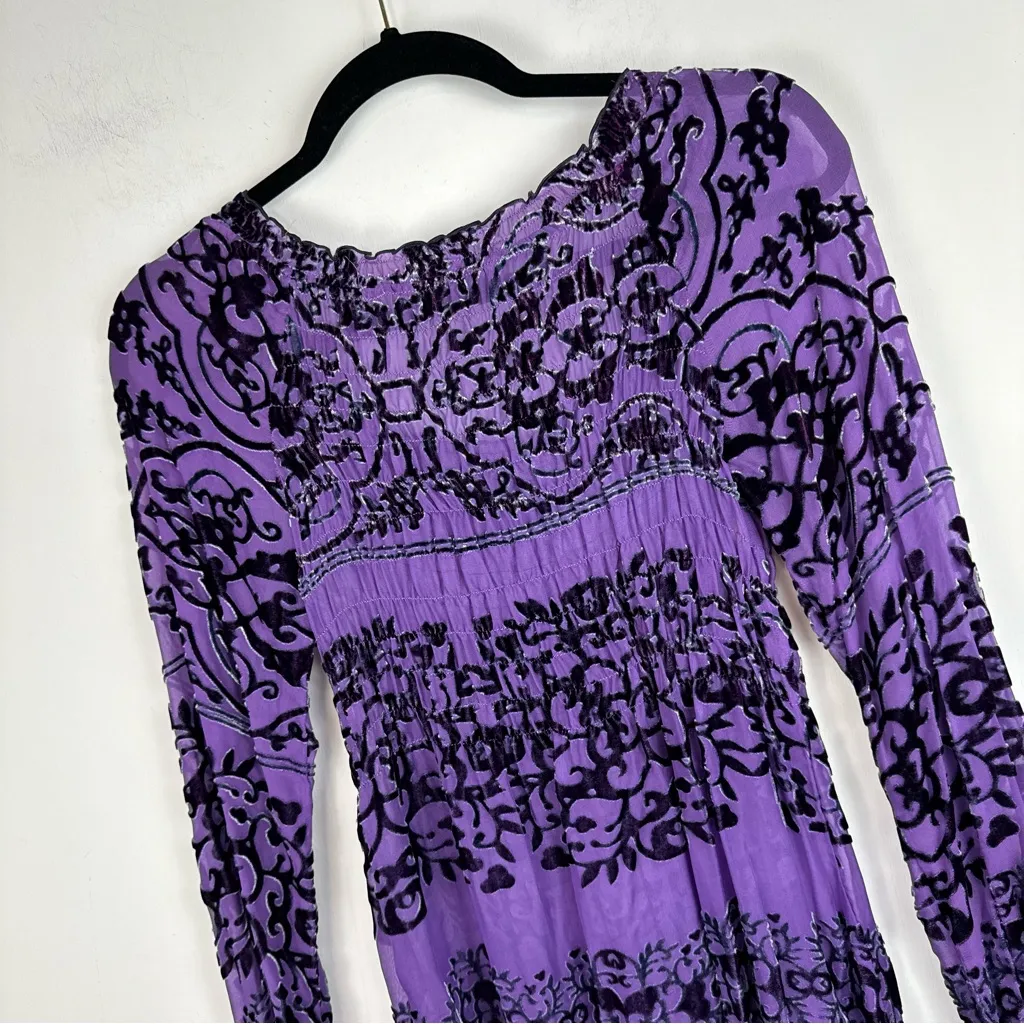 Hale Bob Velvet Burnout Top Sz XS Long Sleeve Ruched Purple Black Floral - Image 12