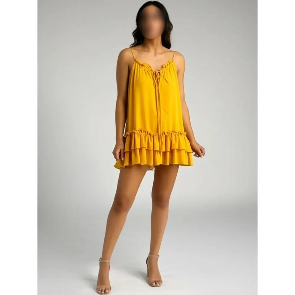 RO & DE Yellow Gold Spaghetti Strap Ruffled Tiered Sheer Camisole Medium‎ - Image 2
