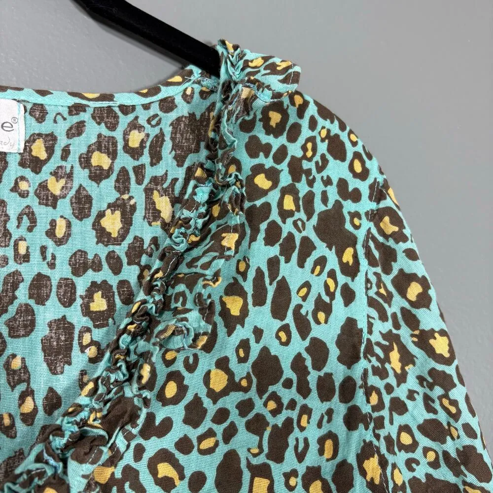 Mud Pie Bag Lady Turquoise Leopard Print 100% Linen Resort Dress - Size Small - Image 2