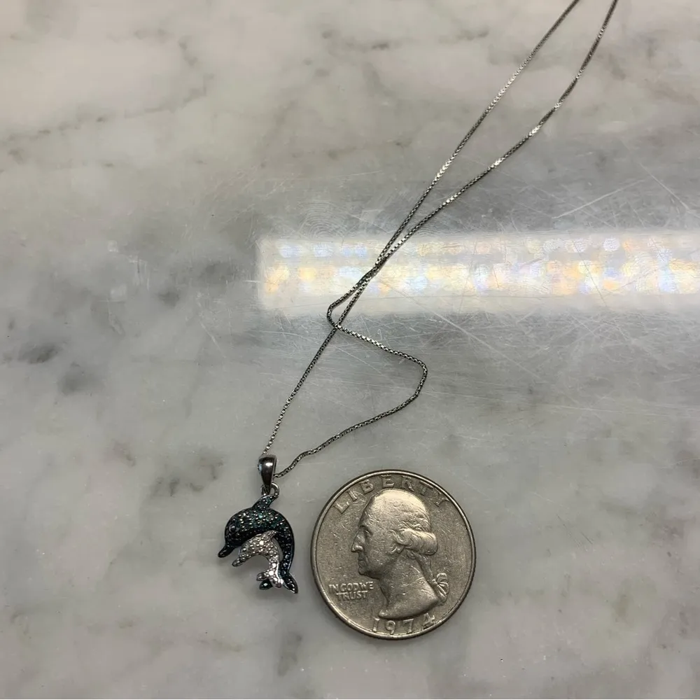 Blue And White Diamond Two Dolphin Pendant Necklace Sterling Silver 925 SUN 20” - Image 7