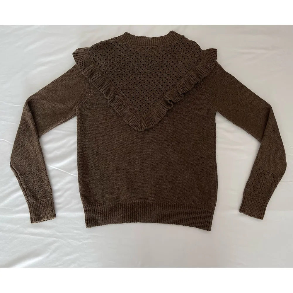 Aritzia Wilfred Chaume Brown Ruffle Yoke Swiss Dot Mock Neck Sweater Size Small - Image 4