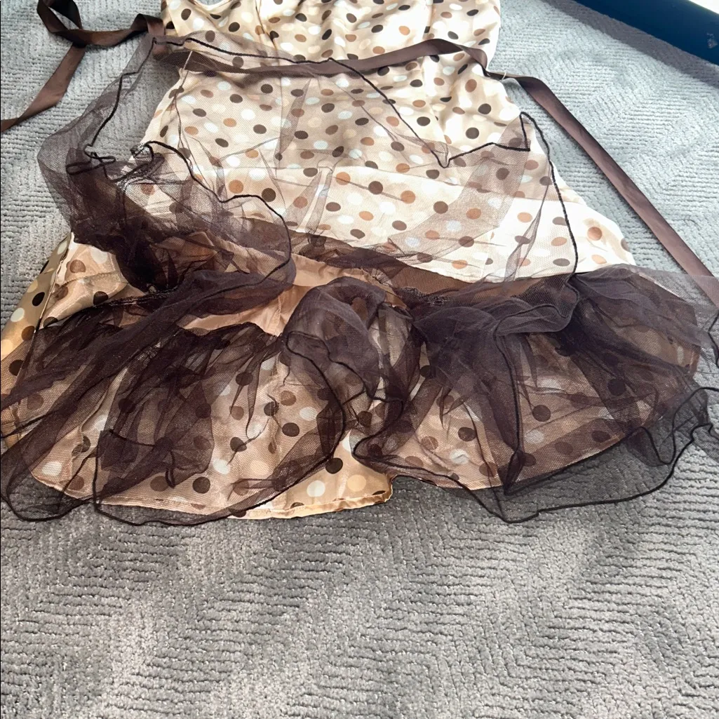 City Triangle Y2K Polka Dot Party Dress Beige Brown Tie Waist Size 9 - Image 12