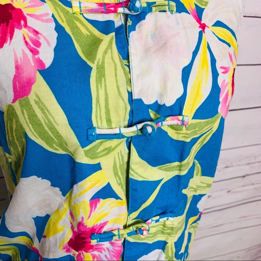 Lauren Ralph Lauren Sleeveless Tropical Hibiscus Top Size Small Blue Pink Green - Image 3