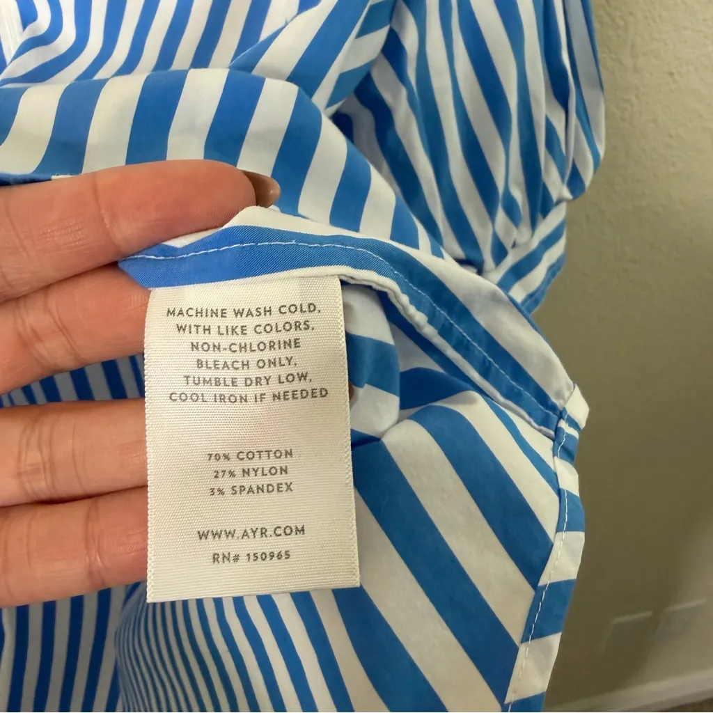 AYR Capeside Striped Puff Sleeve Popover Blouse Athens Blue Cotton Poplin Size L - Image 8