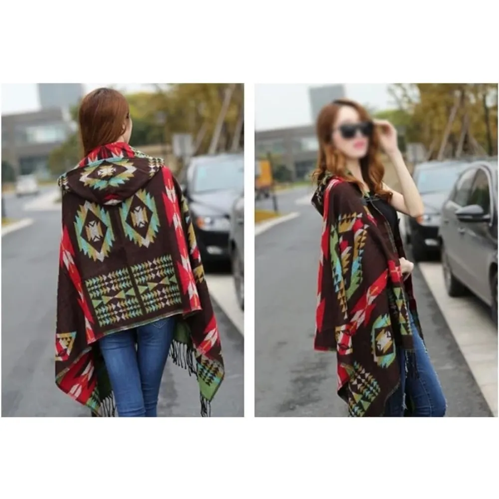 Yellowstone Native American Aztec Tribal Print Fringed Faux Cashmere Cape w/Hood Red - Image 7