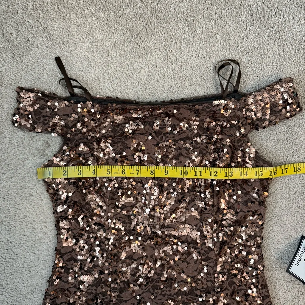 Adrianna Papell Sequins Lace Off The Shoulder Dress Copper 6 - Image 9