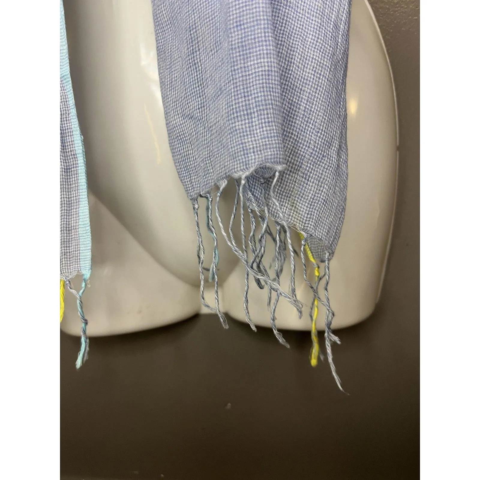 Gamut Scarf Womens One Size Lightweight Blue Gauze Fringe Wrap Aqua Yellow Trim - Image 3