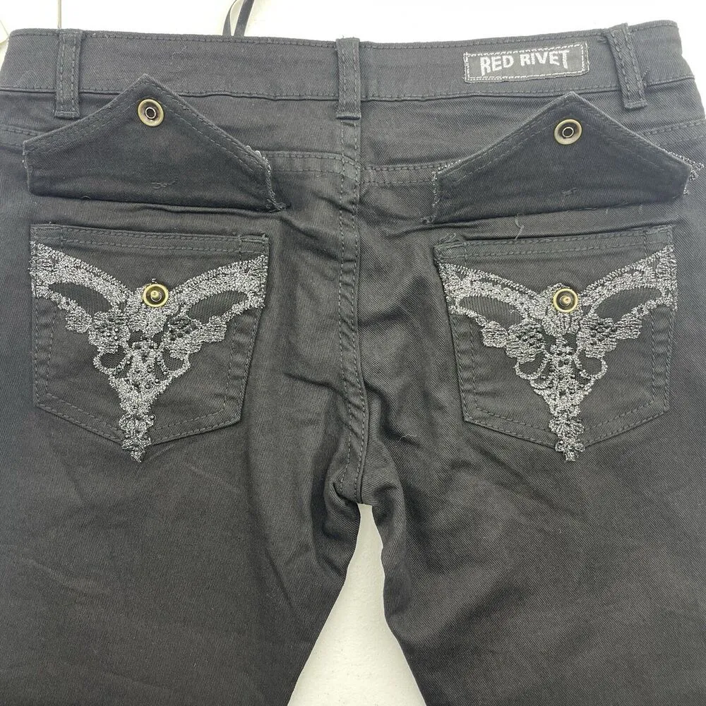 Red Rivet Junior 11 Flare Jeans Black Flap Embroidered Pockets Mid Rise Stretch - Image 6