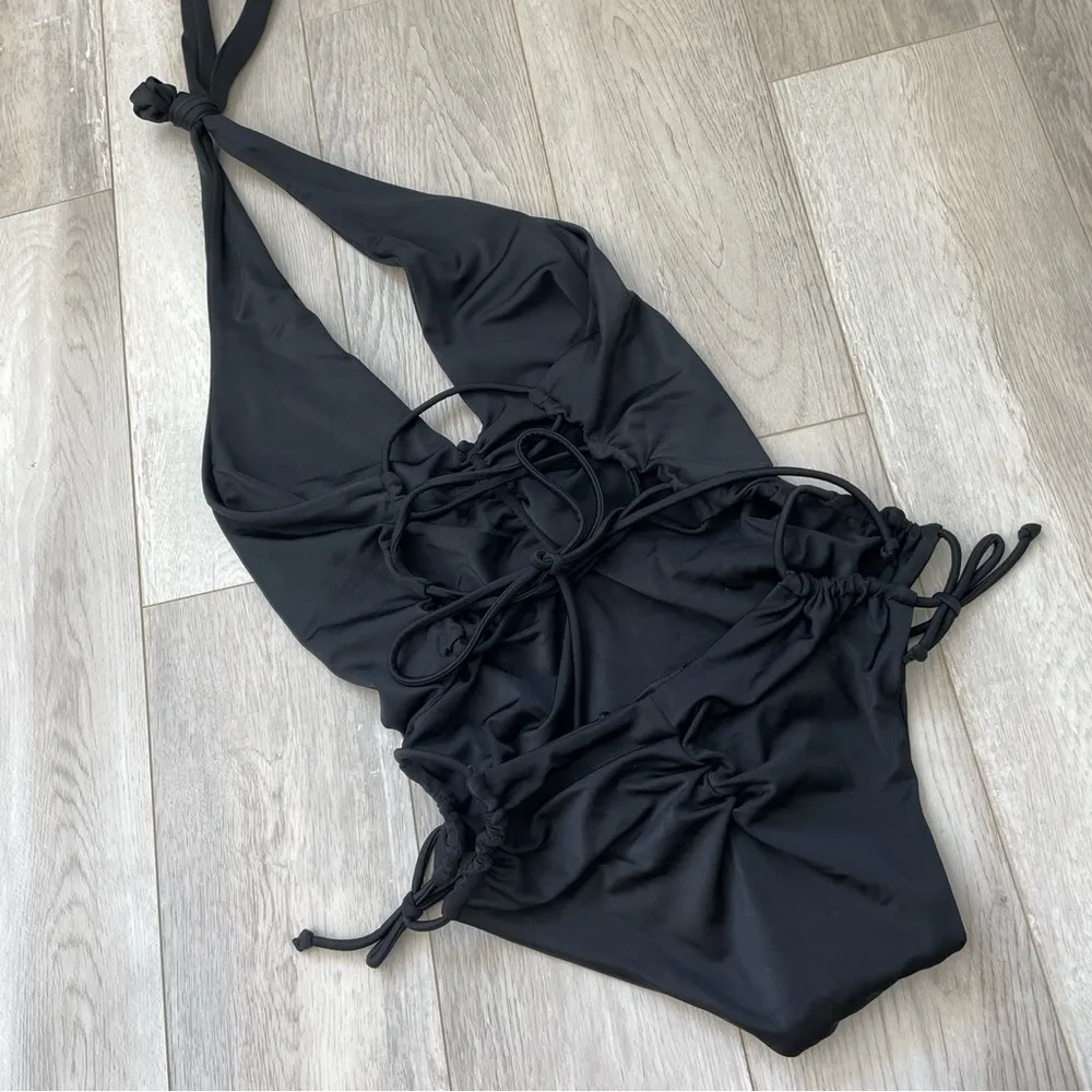 We are Hah (NWOT) Scrunch Halter Strappy One Piece Swim Suit Black (small) sexy - Image 5