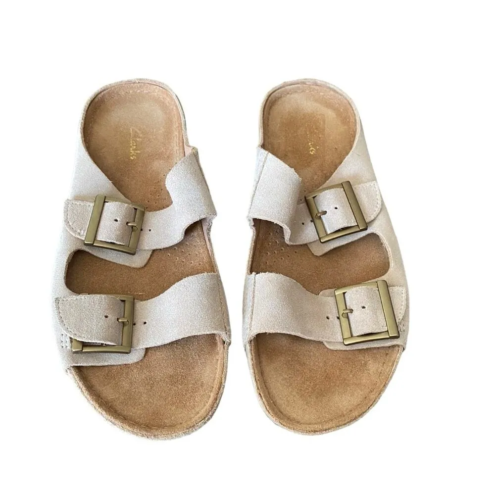 Clarks Leather Suede Double Buckle Slide Tan Sandals size 10 no box - Image 3