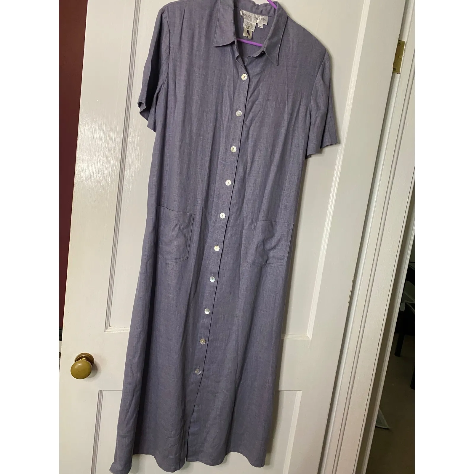 Maggy London Linen Blend Shirt Dress Button Front Pockets Purple Midi Sz 14 - Image 2