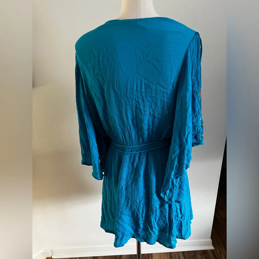 FREE PEOPLE - M - Teal Embroidered Boho Dress turquoise - Image 4