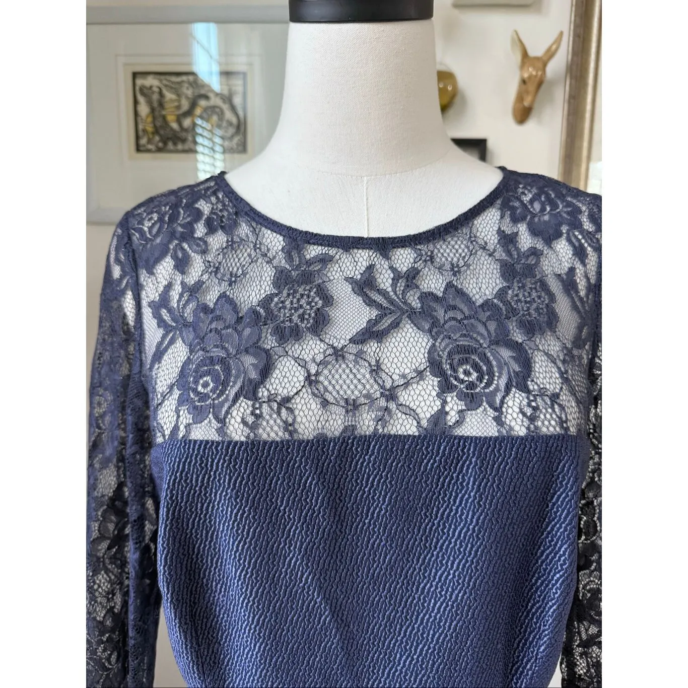 David Meister Navy Blue Lace Peplum Illusion Neck Sleeve Cocktail Dress $450 10 - Image 4