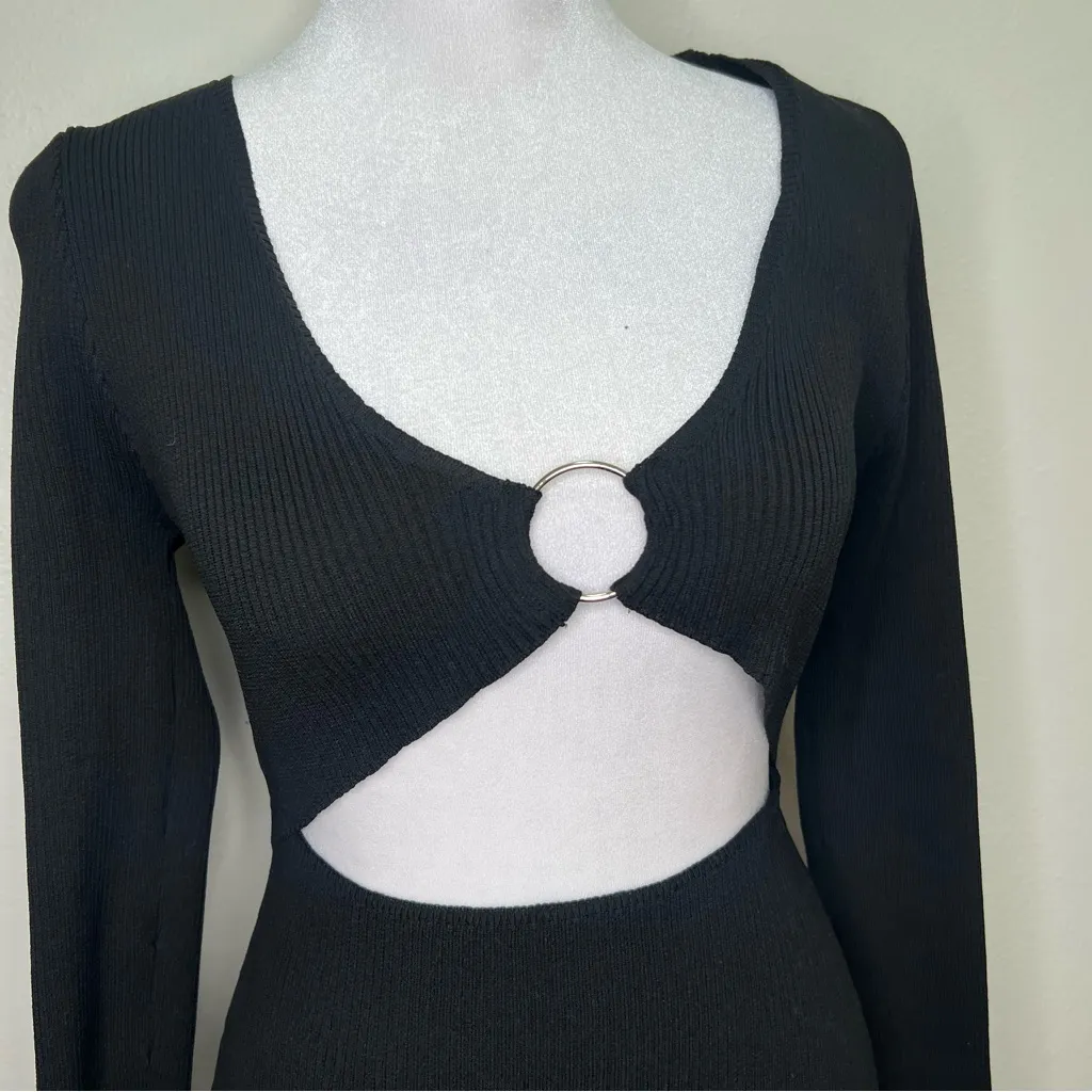 Pretty little thing black ribbed knitted long sleeve Cut-Out Dress size M - Image 4