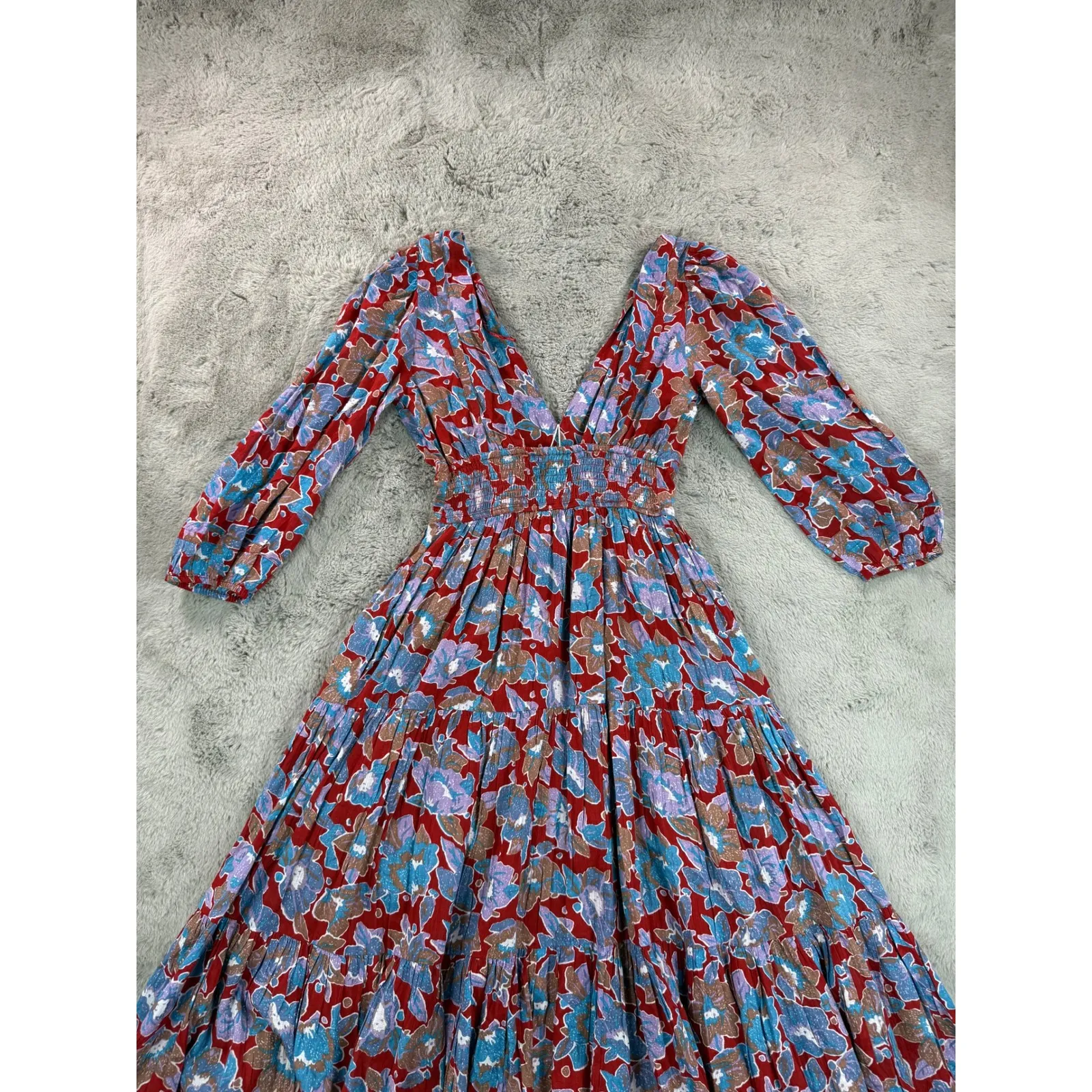 NWT Caroline Constas Dress XS Frenchie Print Floral Long Sleeve Maxi Boho Tiered Red - Image 12