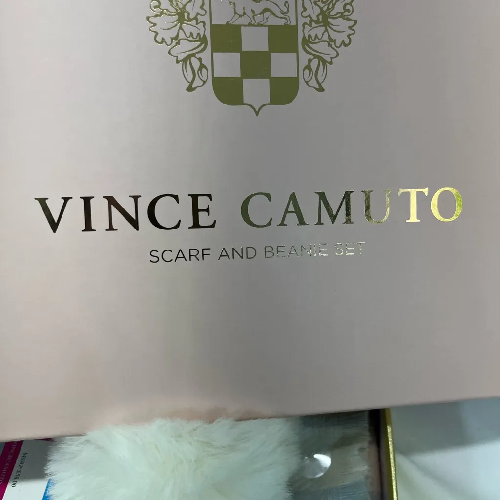 Vince Camuto Cream Knit Beanie and Plaid Scarf Set New In Box - Image 5