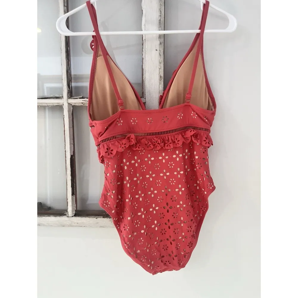 J.Crew Scalloped Ruffle Plunging One-piece in Laser-cut Eyelet Pink size 8 - Image 6