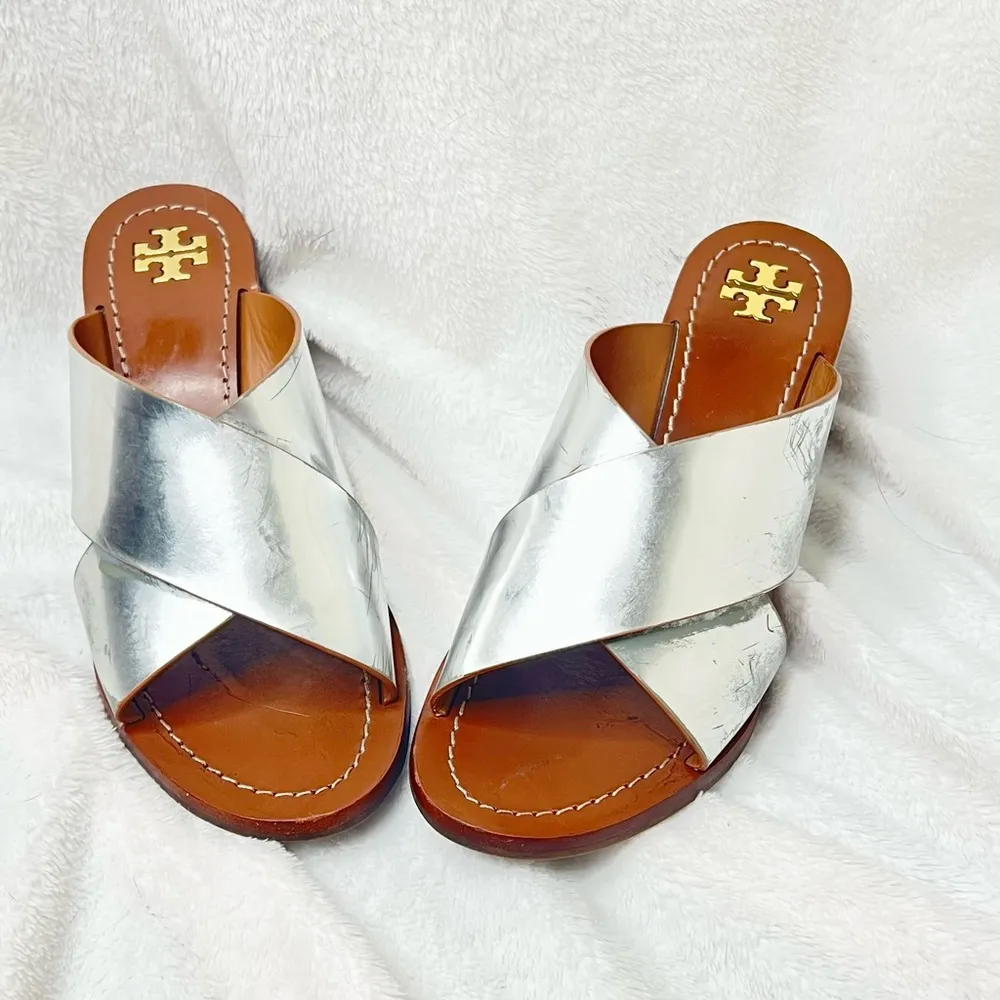 Tory Burch Montrose Criss Cross Metallic Heeled Sandals - Image 2