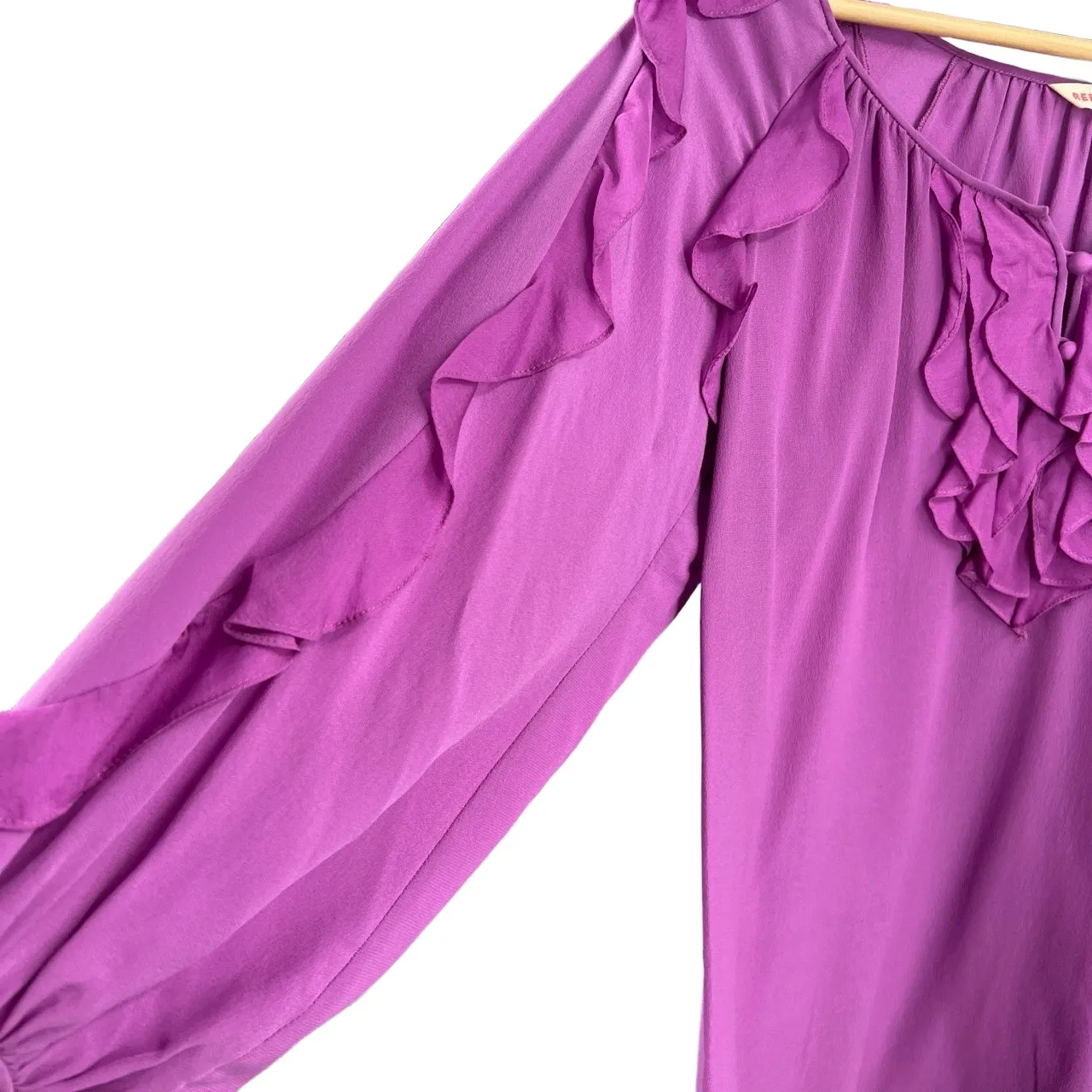 REBECCA TAYLOR Blouse Purple Silk Ruffled Long Sleeve Feminine Size 4 Flaw - Image 3