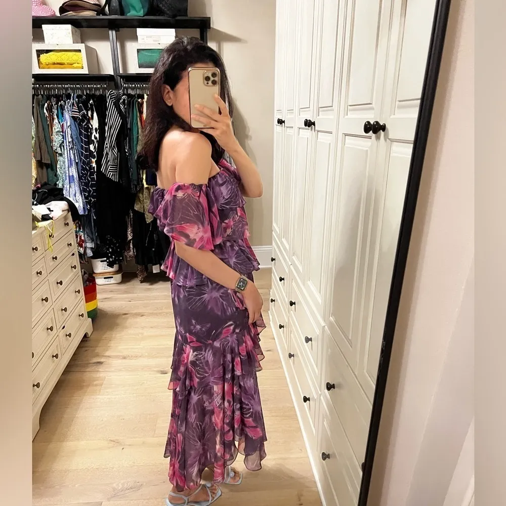 Misa Los Angeles Dalia Purple Floral Off Shoulder Midi Dress Small - Image 3