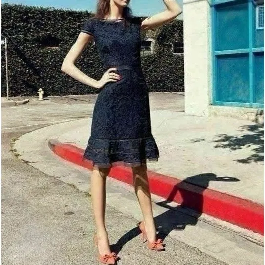 Adrianna Papell Navy Lace Dress Fit & Flare Cocktail Party Mini Dress Sz 8 Blue - Image 9