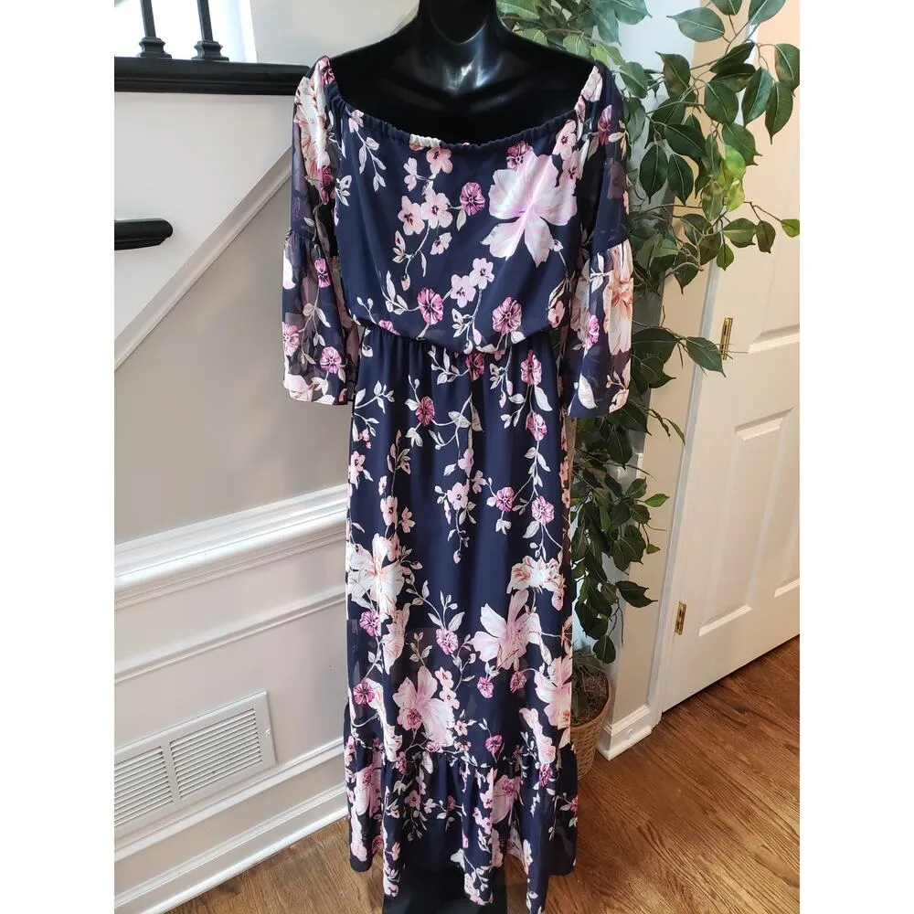 Eliza J Long Maxi Dress Women 4 Blue Floral Off Shoulder Neck Bell Sleeve Ruffle - Image 3
