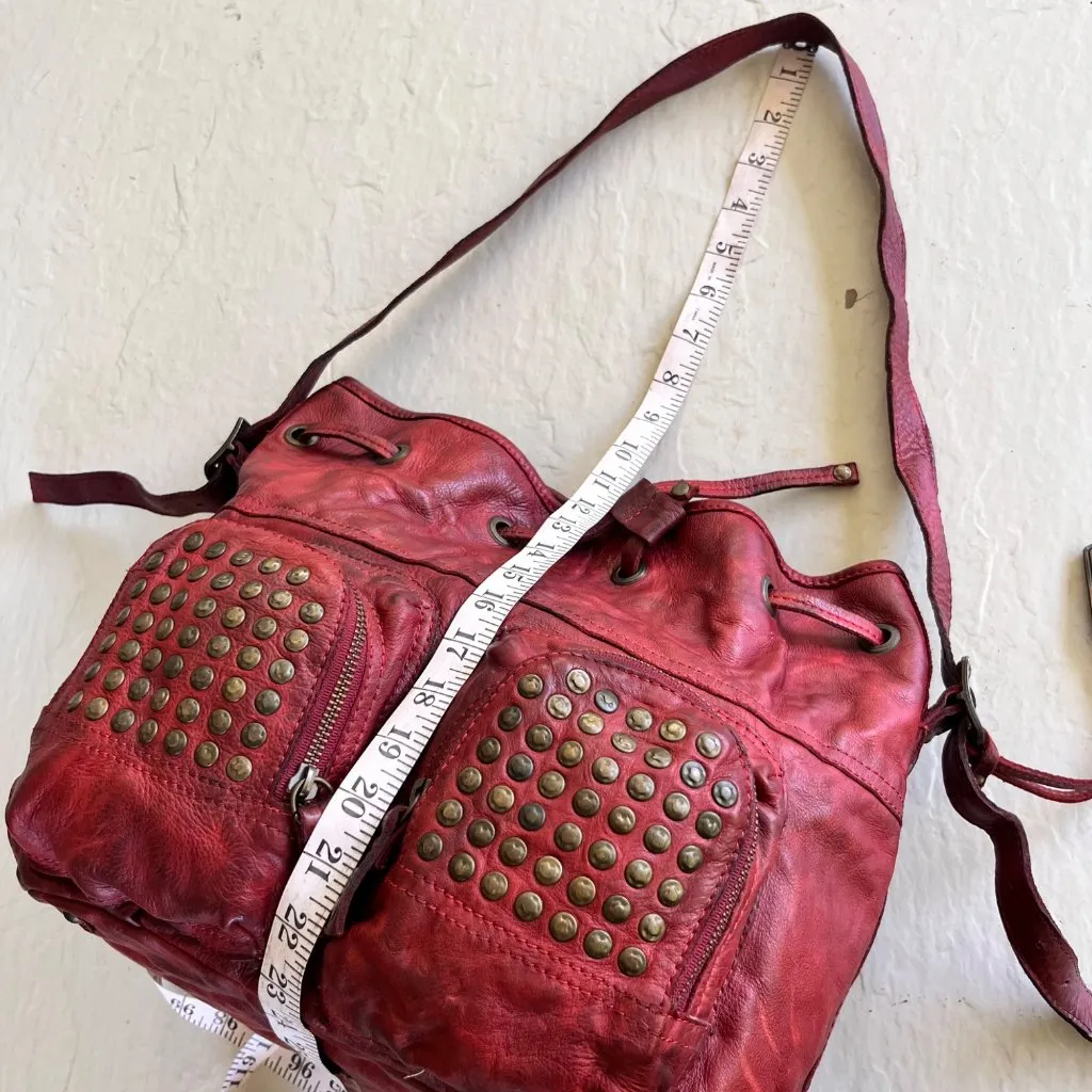 Frye Brooke Red Leather Studded Distressed Drawstring Bucket Bag - Image 14