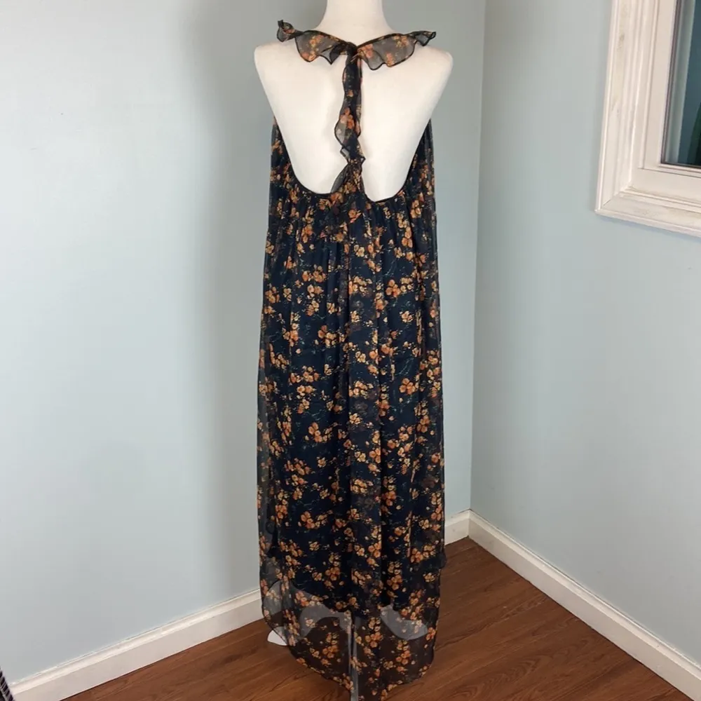 Zara Floral Sheer High Low Dress Halter Ruffles Size Small Orange Black - Image 10