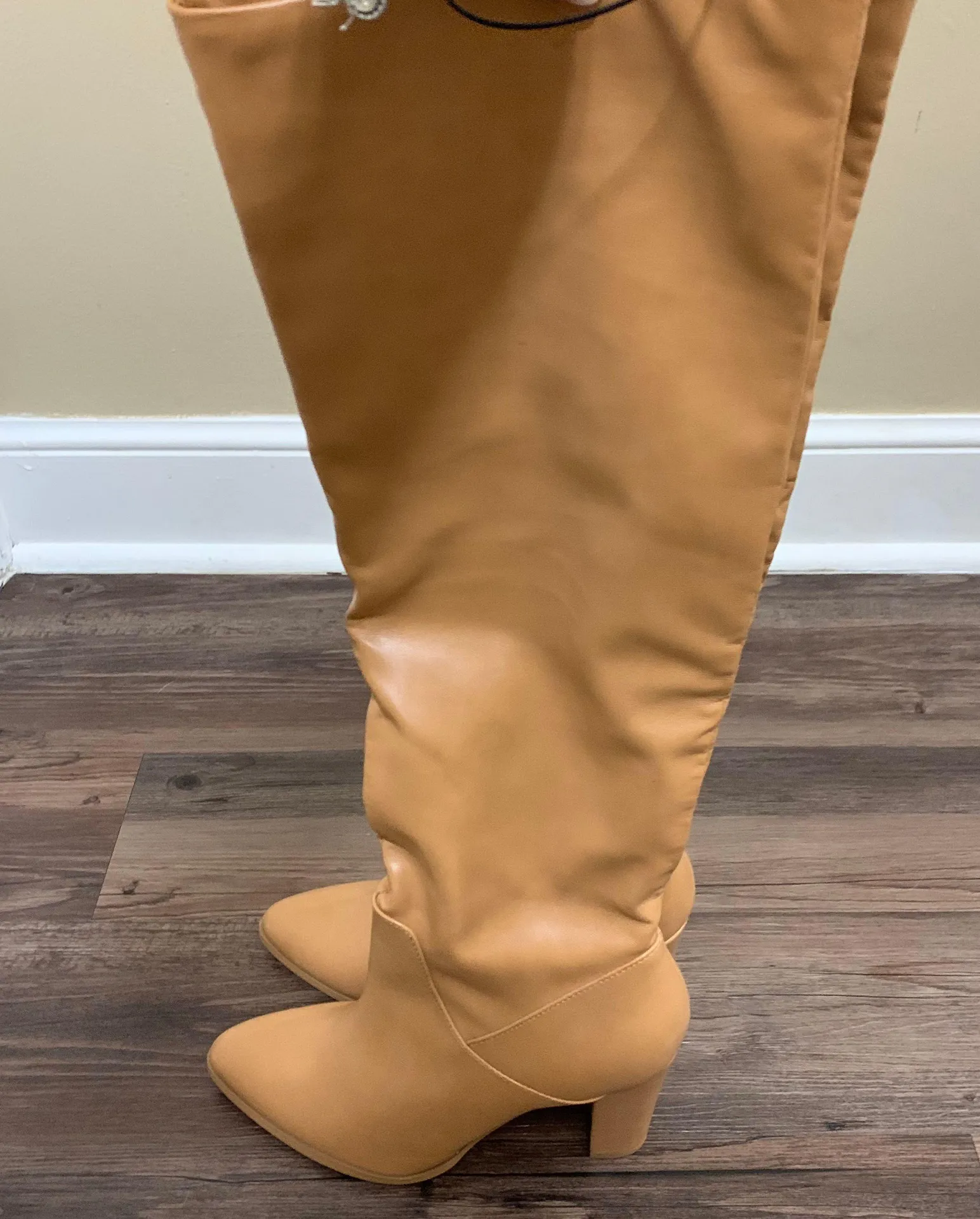 Tan Vegan Leather Heeled Stovepipe Boots - Image 5