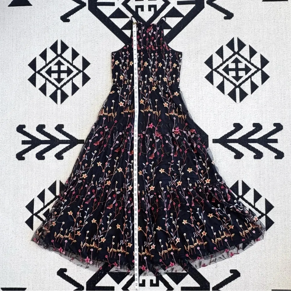 Simplee Black Floral Embroidered Smocked High Neck Tulle Mesh Maxi Dress Medium - Image 11