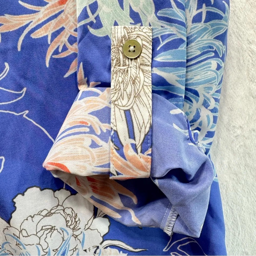 Chico’s Cobalt Blue Floral Button Front Blouse V Neck Roll Up Long Sleeves 1/M - Image 5