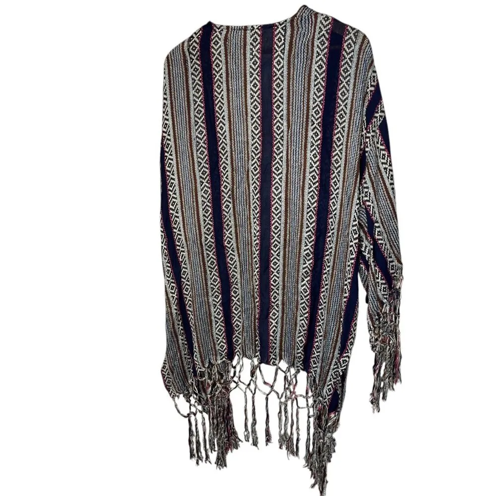 Vintage Free People Womens One Size Tassel Knit Poncho Sweater Ikat Southwestern - Image 4