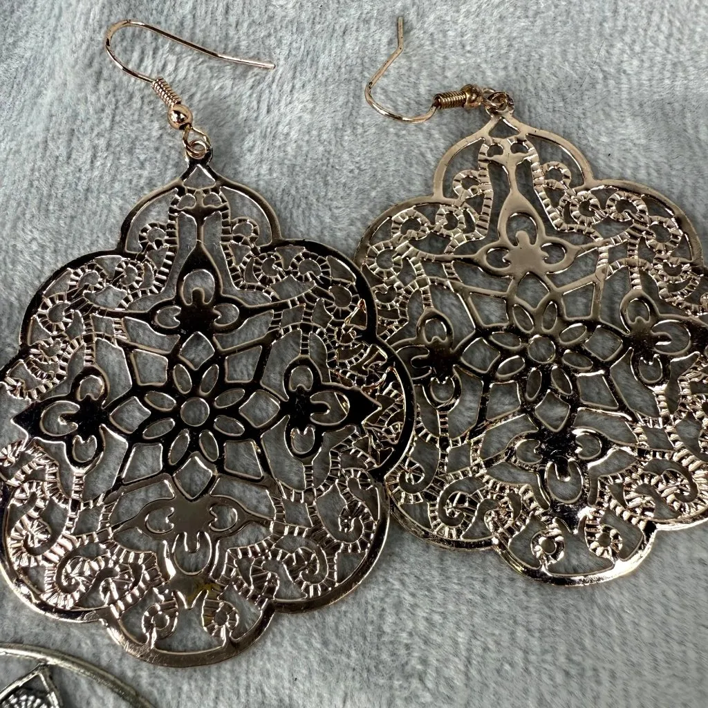 Floral Statement Dangle Earrings 2 Pair Pierced Hooks Silver & Gold - Image 4