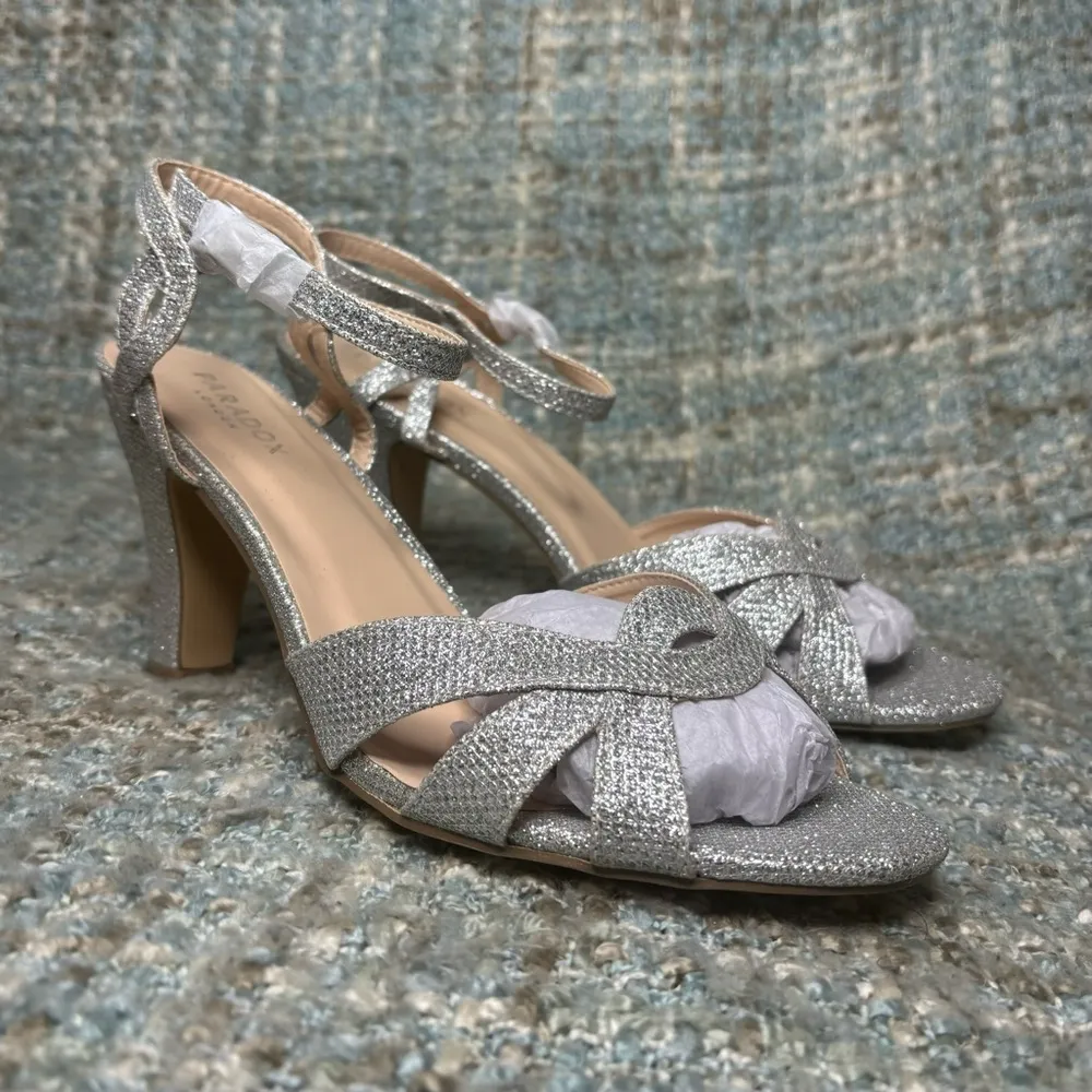 Paradox London Kitty Glitter High Heel Ankle Strap Sandal in Silver Size 10 - Image 7
